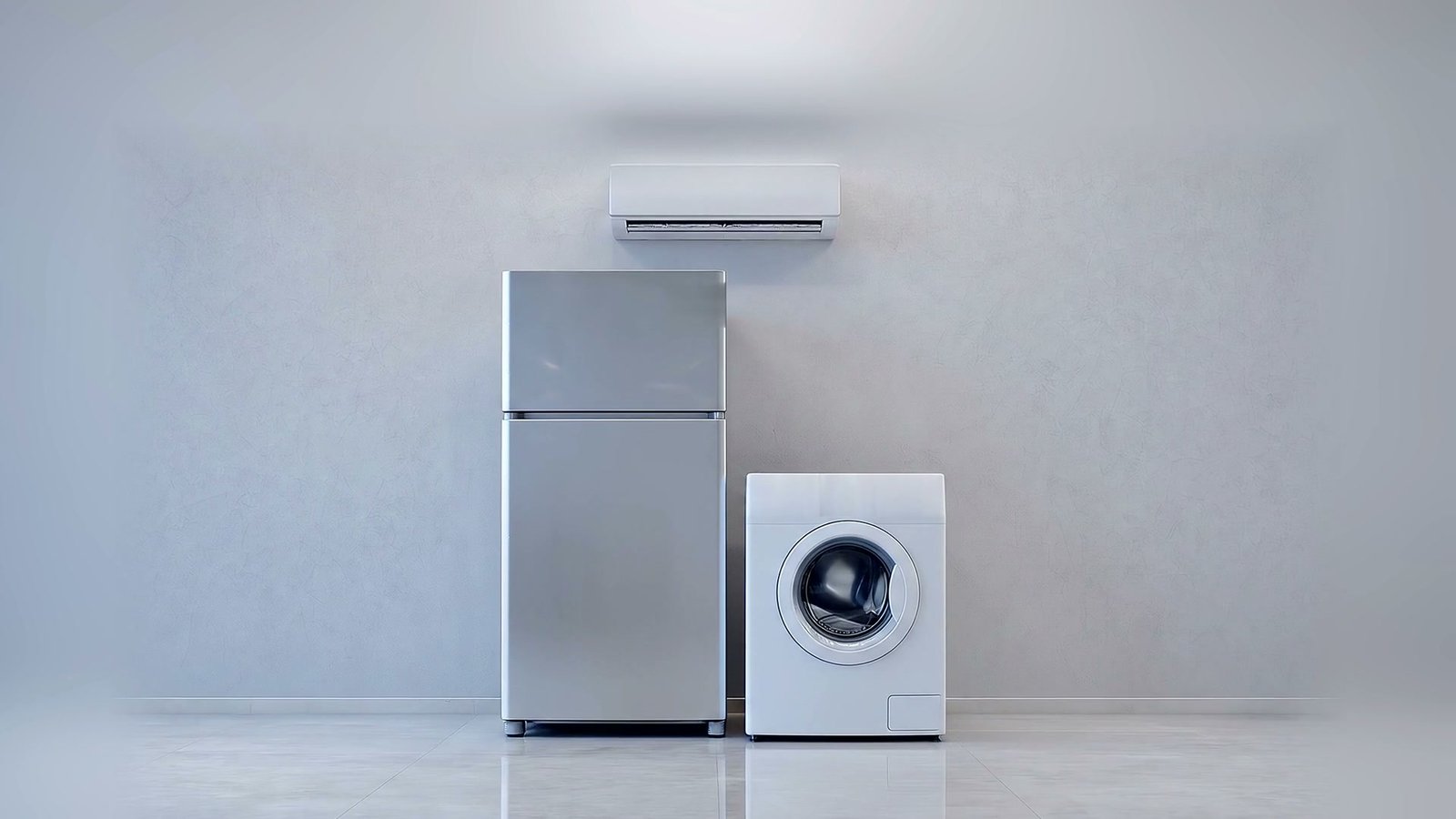 A steel refrigerator, a washing machine and a wall air conditioner standing clean in a modern home