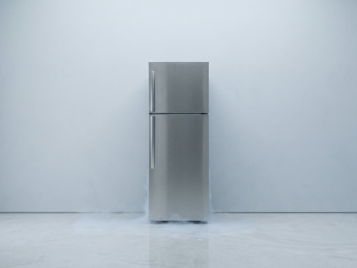 A tall steel refrigerator standing alone in a clean pale room